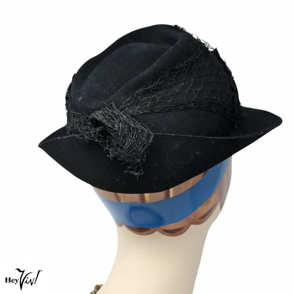 Vintage 1940s Hat Black Shaped Wide Brim w Velvet Appliques Net Veil - Hey Viv - Picture 3 of 9